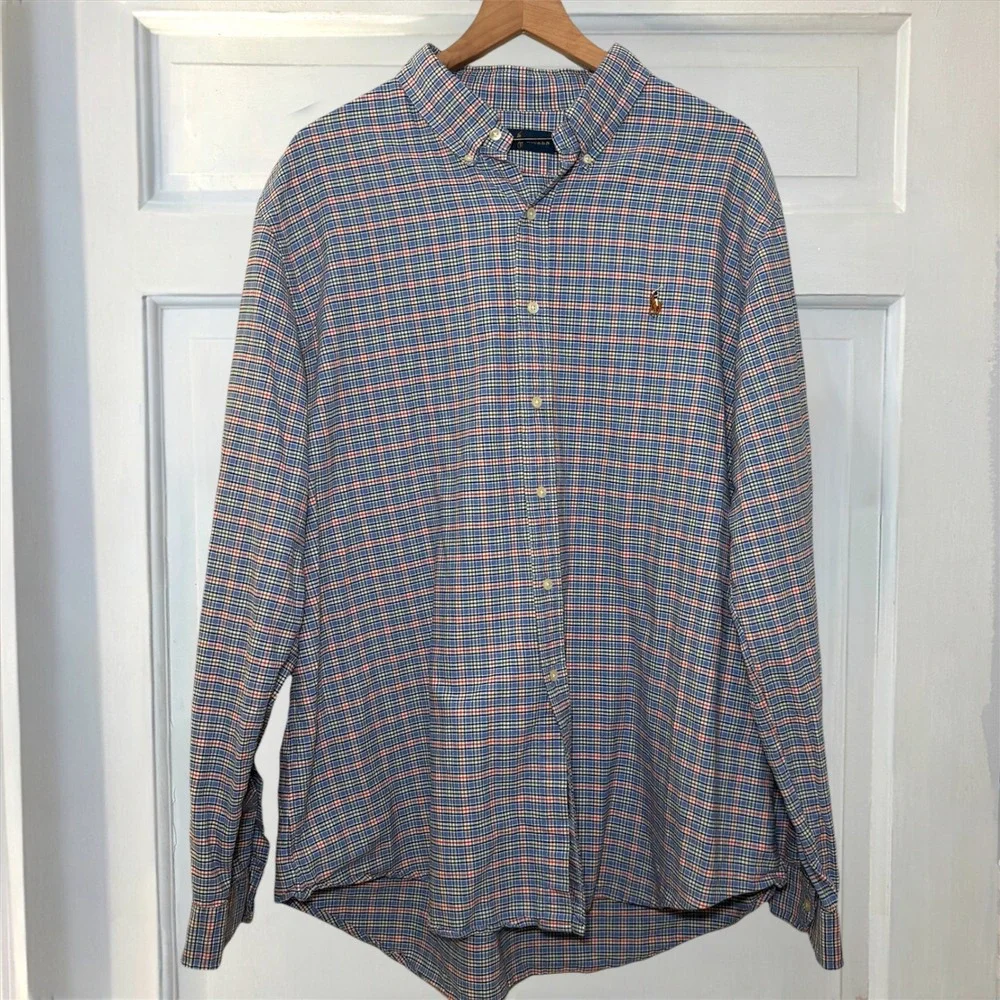Ralph Lauren Oxford Blue Plaid Mens XXL Long Sleeve Button Down Flesh Pony Shirt